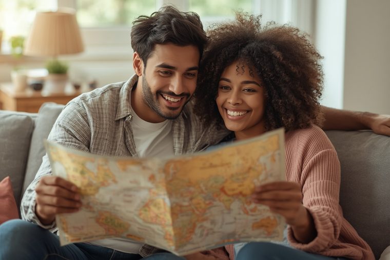 Couple rêvant à ses projets de voyage devant une carte du monde