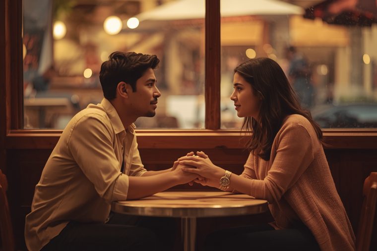 Couple en pleine conversation profonde main dans la main